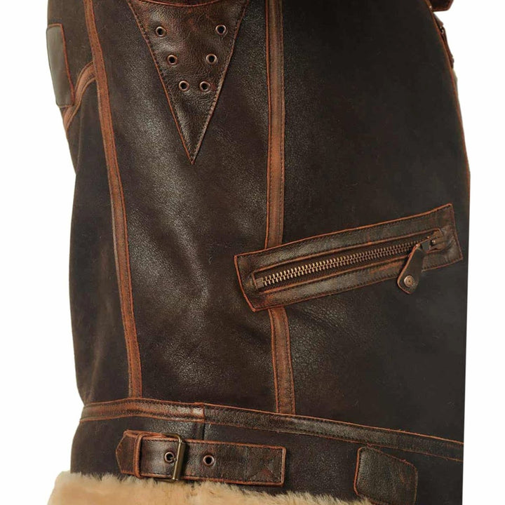 Men's Shearling-Lined Leather Aviator Bomber Jacket