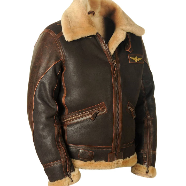 Men's Shearling-Lined Leather Aviator Bomber Jacket