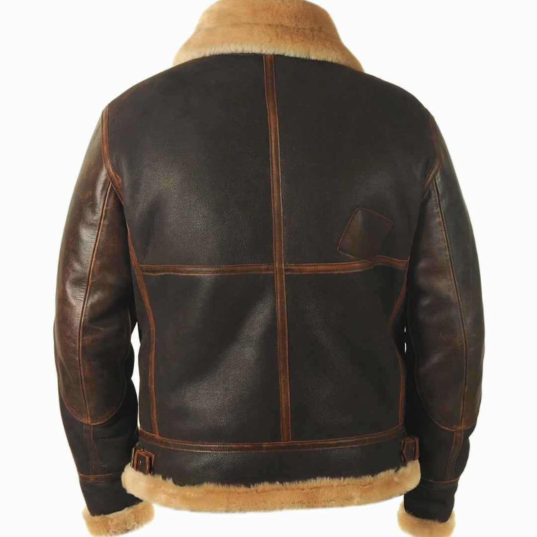 Men's Shearling-Lined Leather Aviator Bomber Jacket
