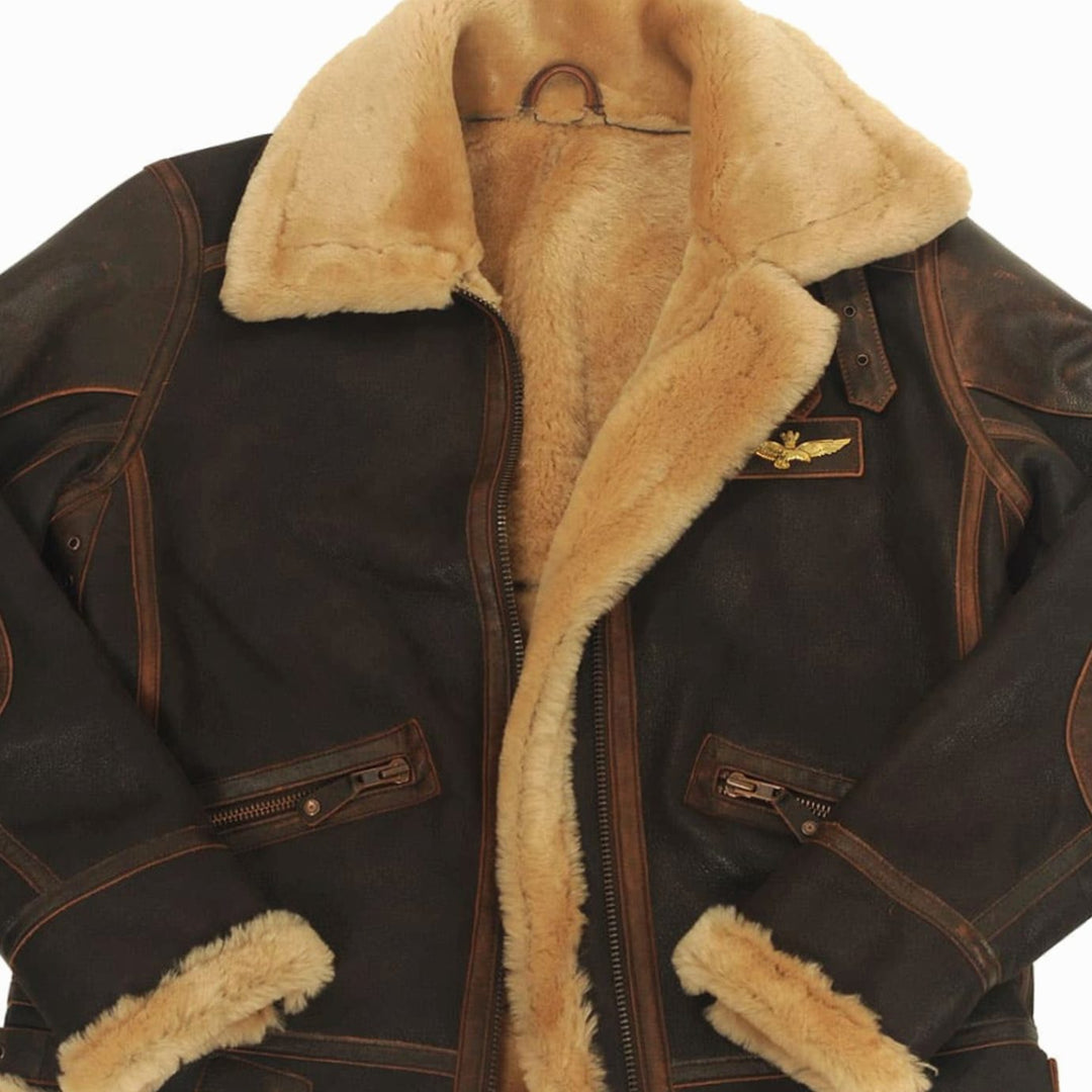 Men's Shearling-Lined Leather Aviator Bomber Jacket