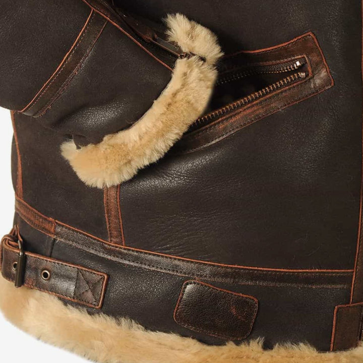 Men's Shearling-Lined Leather Aviator Bomber Jacket