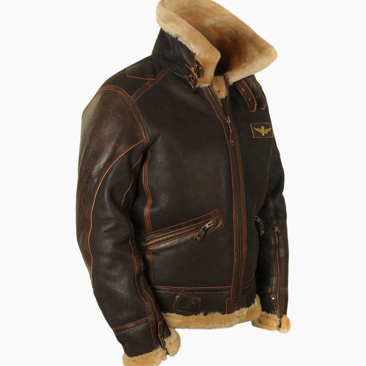 Men's Shearling-Lined Leather Aviator Bomber Jacket