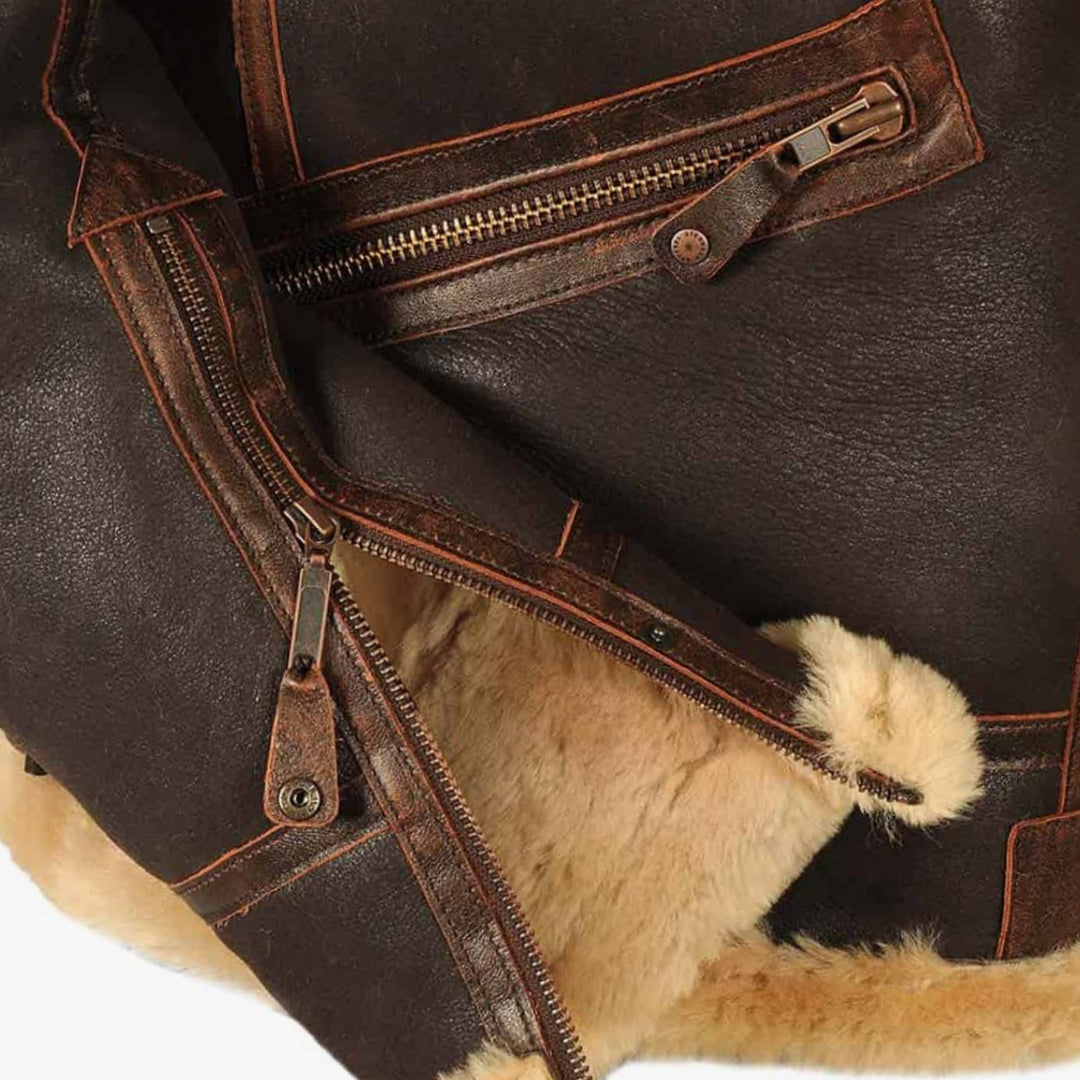 Men's Shearling-Lined Leather Aviator Bomber Jacket