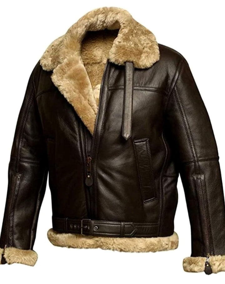 Men's Shearling-Lined Zip-Front Leather Aviator Jacket - Brown