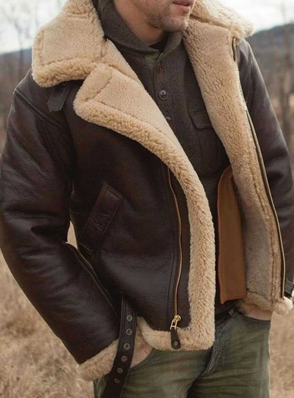 Men's Shearling-Lined Zip-Front Leather Aviator Jacket
