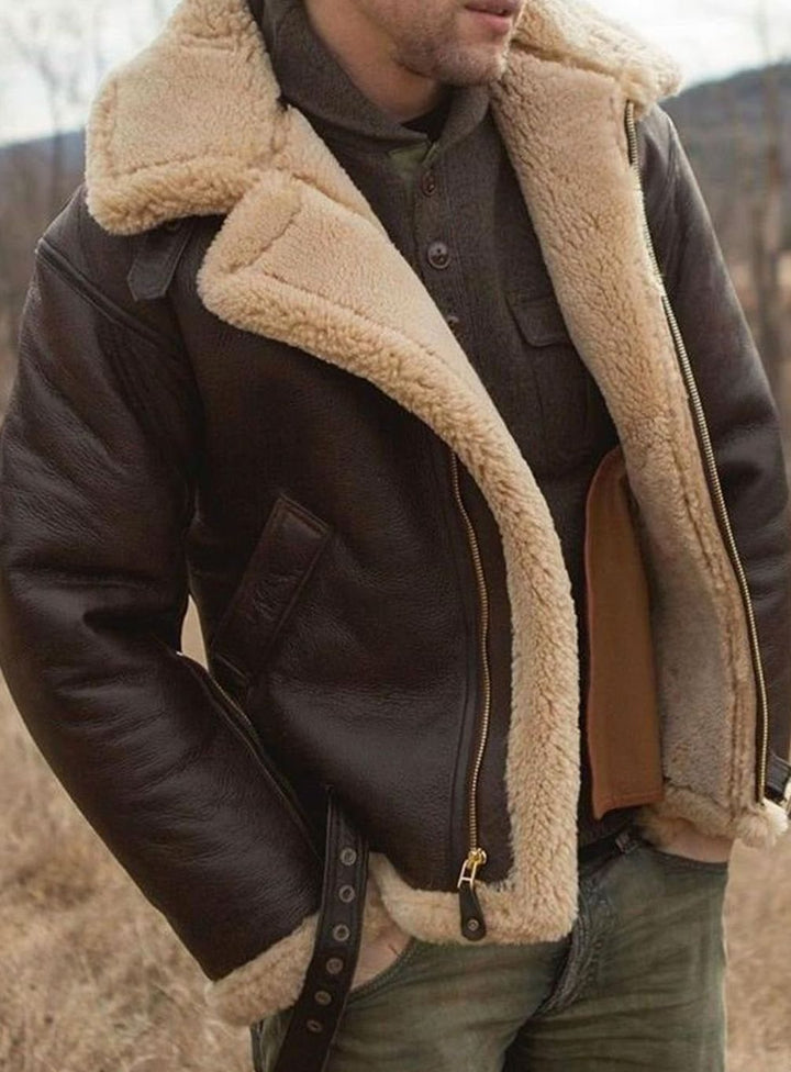 Men's Shearling-Lined Zip-Front Leather Aviator Jacket