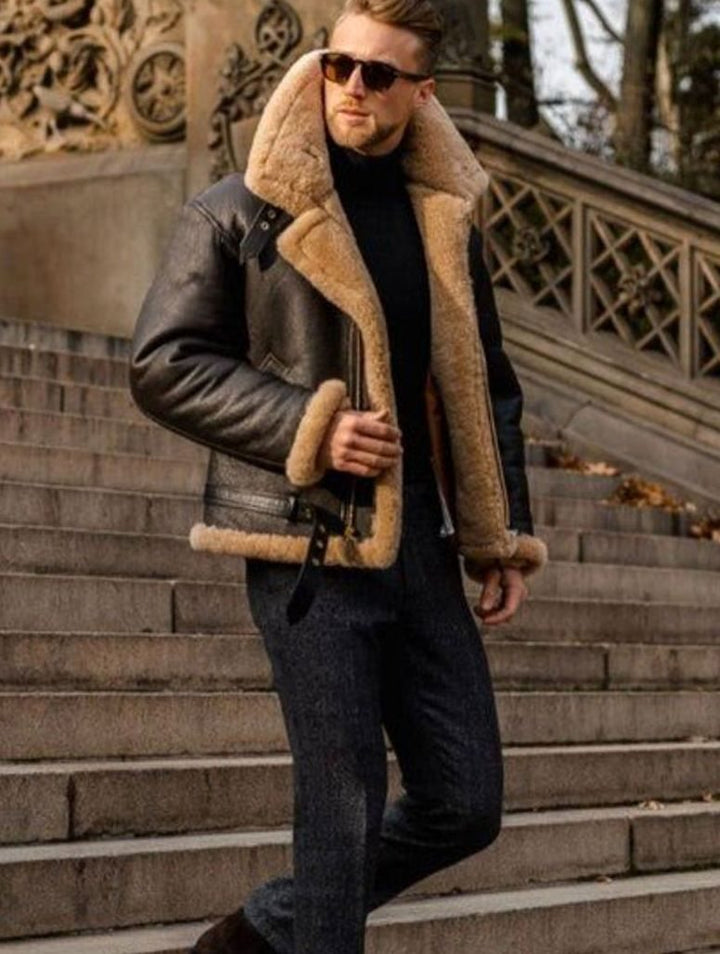 Men's Shearling-Lined Zip-Front Leather Aviator Jacket