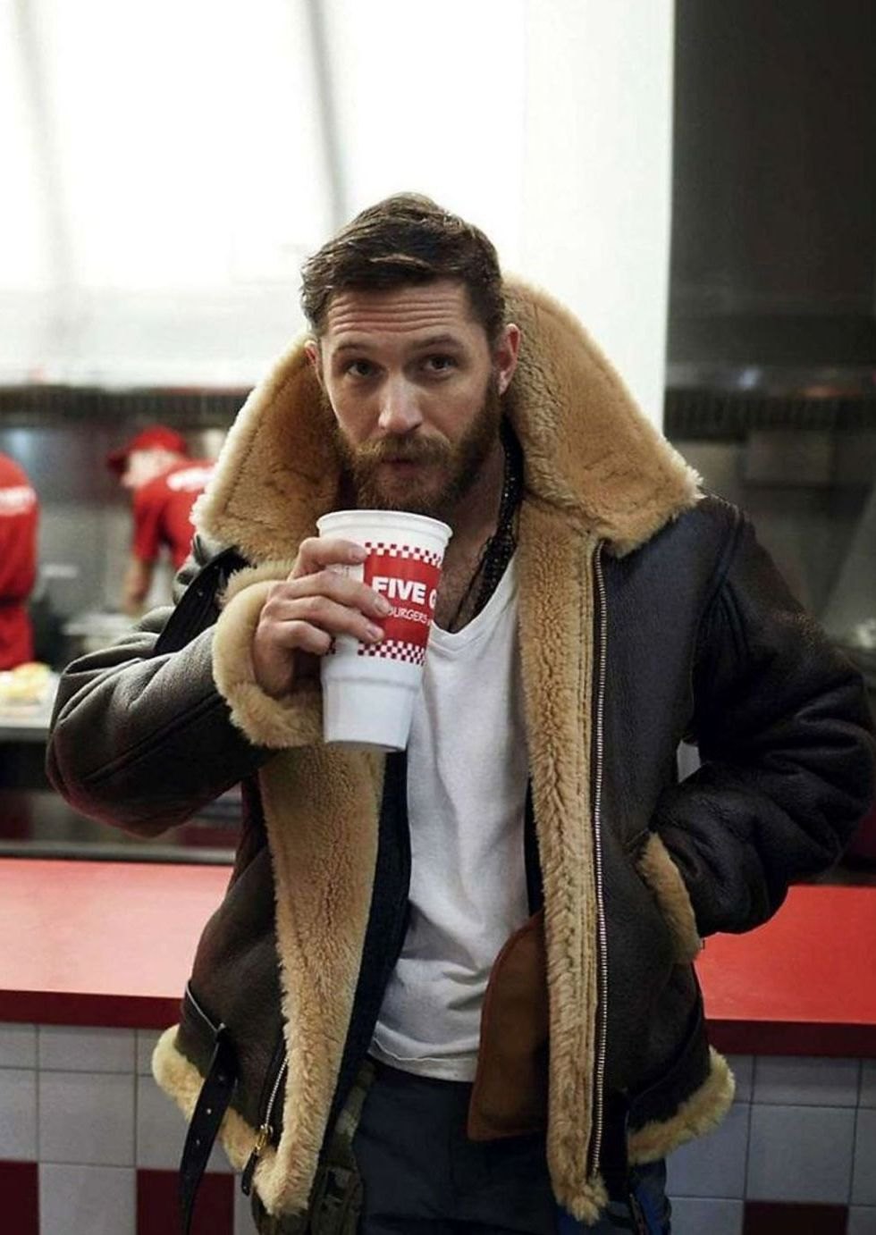 Men's Shearling-Lined Zip-Front Leather Aviator Jacket