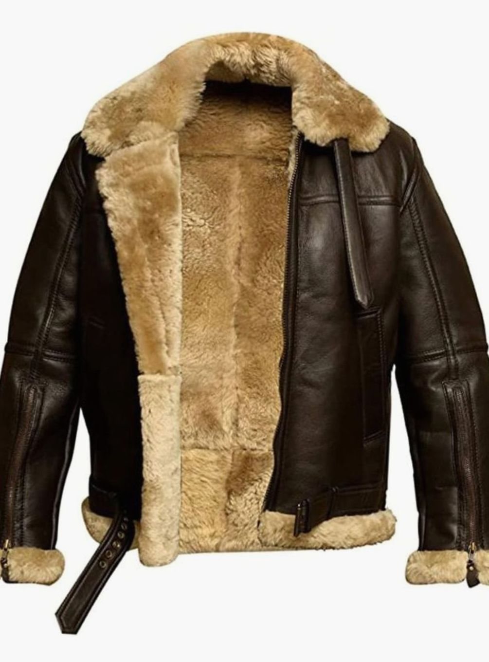 Men's Shearling-Lined Zip-Front Leather Aviator Jacket