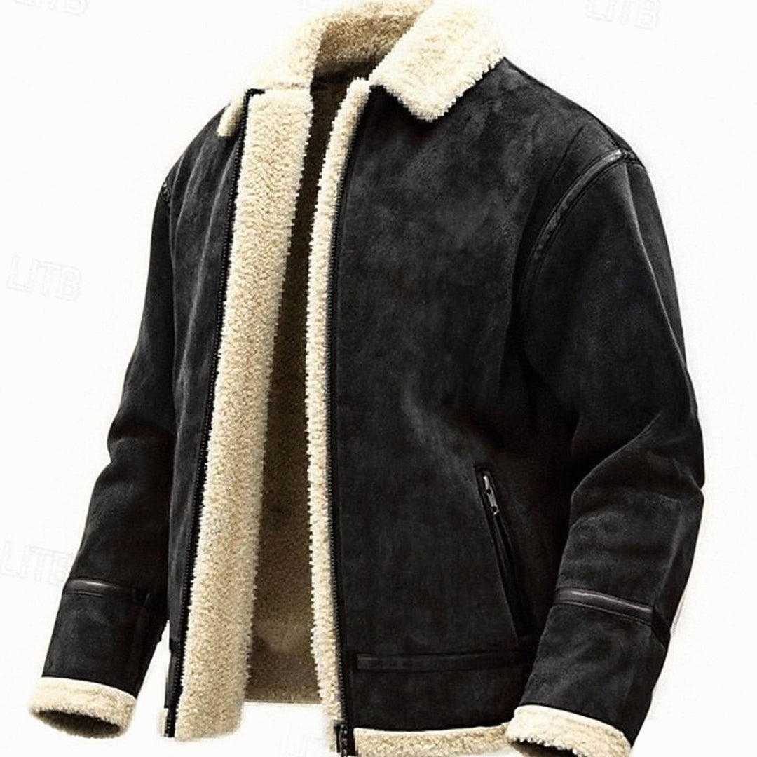 Men's Sherpa-Lined Bomber Jacket Full-Zip Aviator Coat - Black