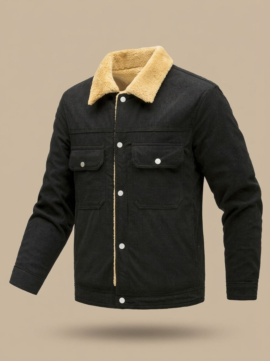 Men's Sherpa-Lined Corduroy Button-Front Jacket with Chest Pockets - Black