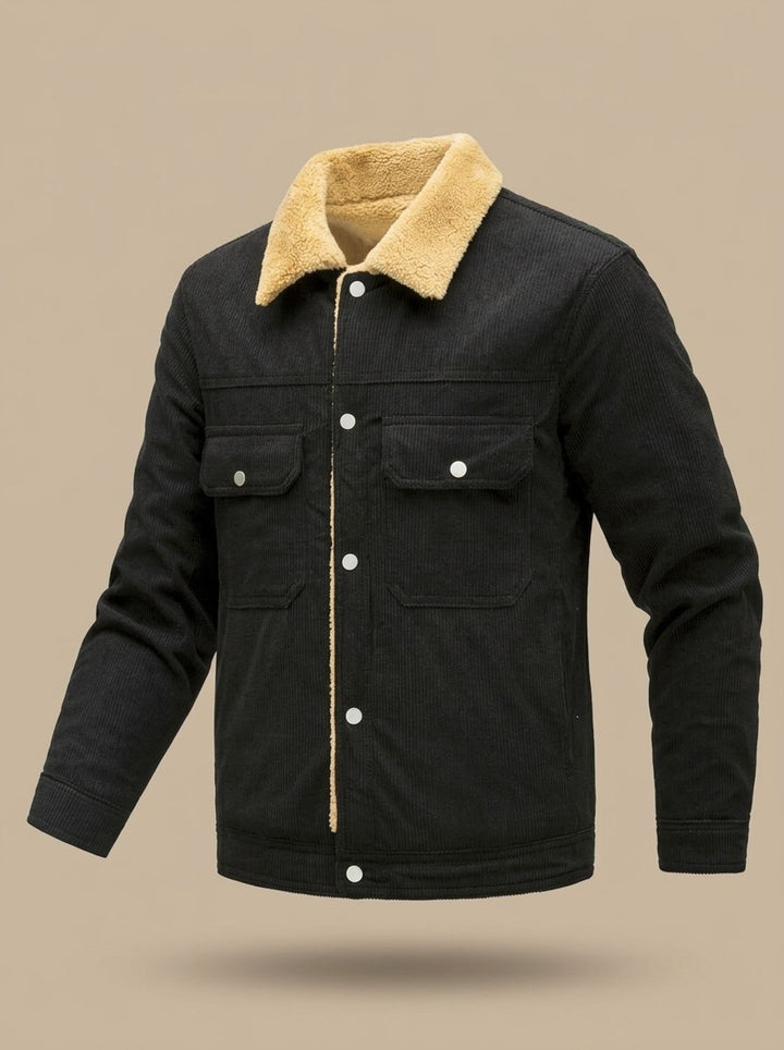 Men's Sherpa-Lined Corduroy Button-Front Jacket with Chest Pockets - Black