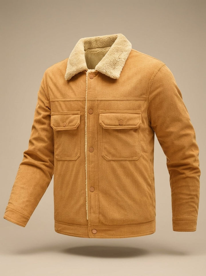 Men's Sherpa-Lined Corduroy Button-Front Jacket with Chest Pockets - Caramel
