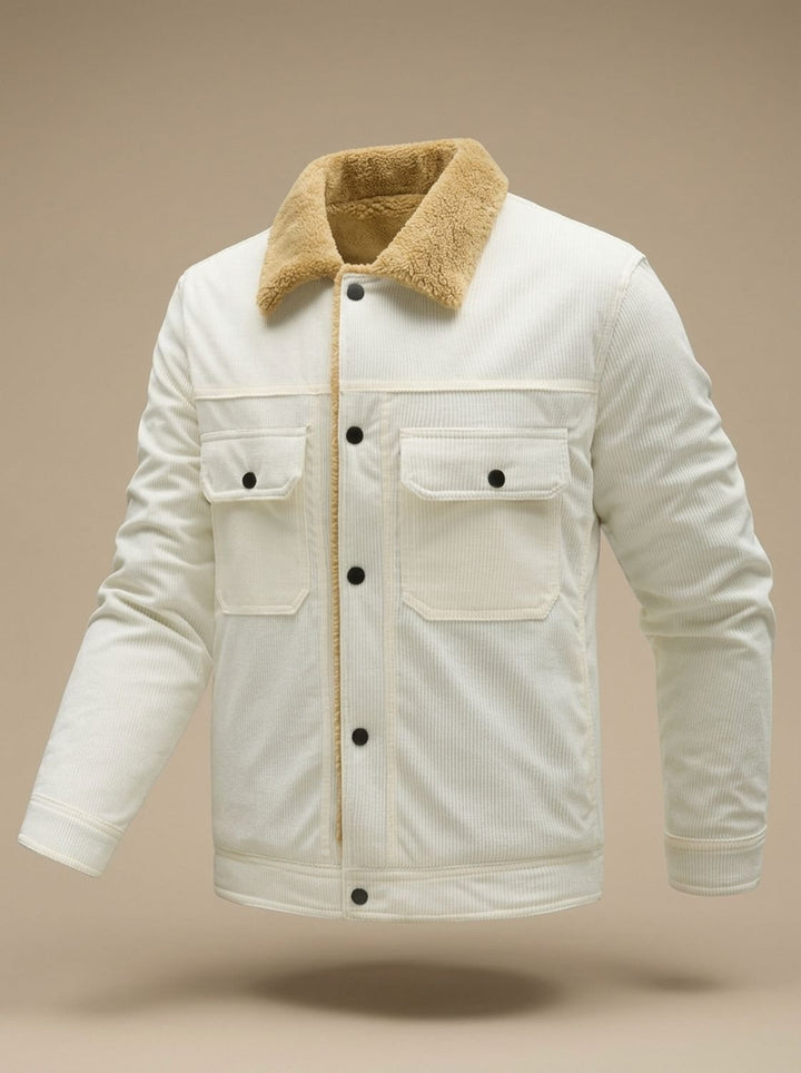 Men's Sherpa-Lined Corduroy Button-Front Jacket with Chest Pockets - White