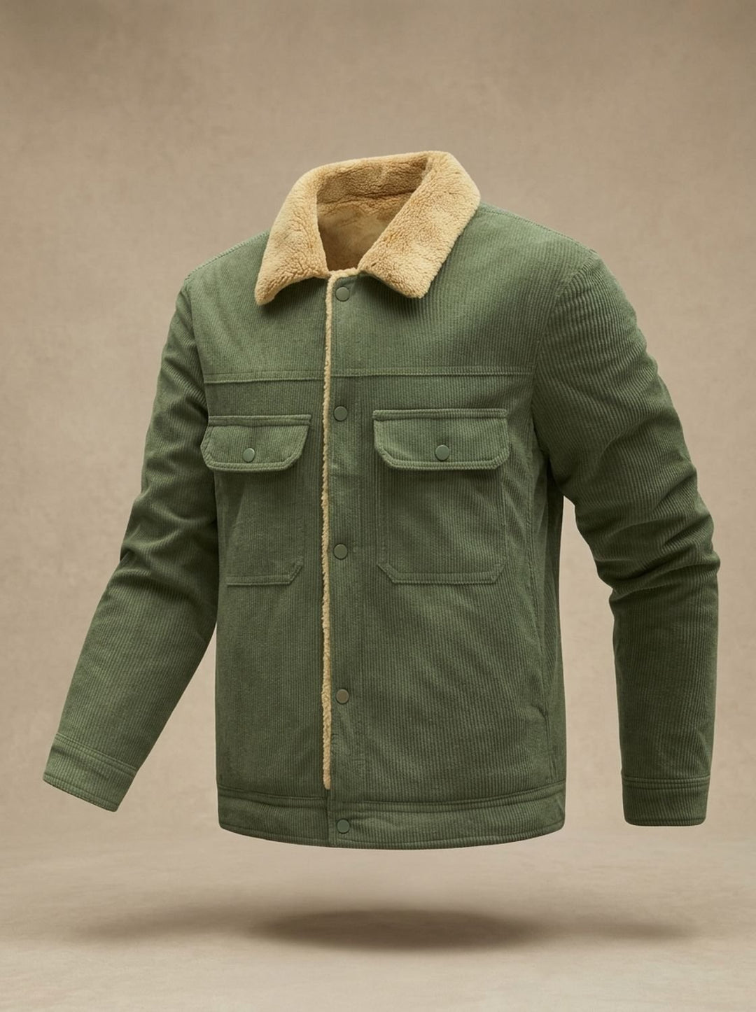 Men's Sherpa-Lined Corduroy Button-Front Jacket with Chest Pockets - Olive Green (Military Green)