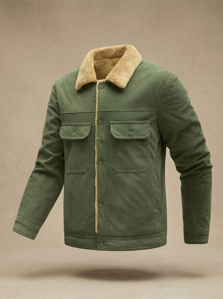 Men's Sherpa-Lined Corduroy Button-Front Jacket with Chest Pockets - Olive Green (Military Green)