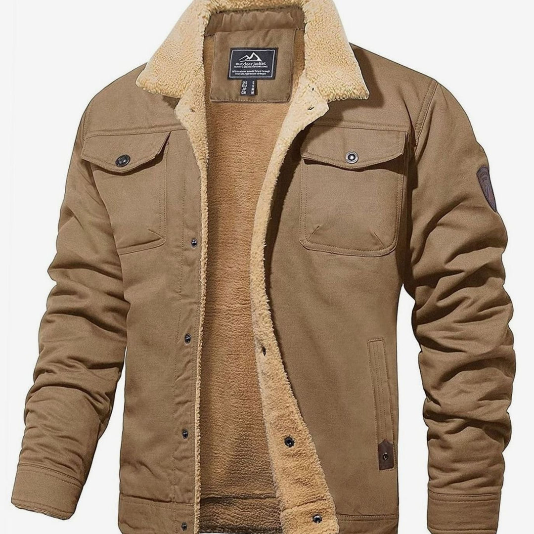 Men's Sherpa-Lined Fleece Military Winter Jacket - Khaki