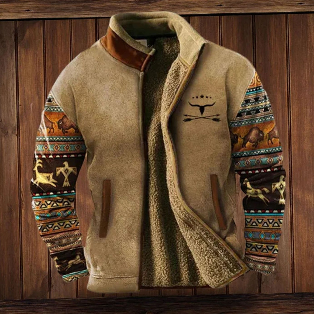 Men's Sherpa-Lined Tribal Print Full-Zip Winter Coat - Brown
