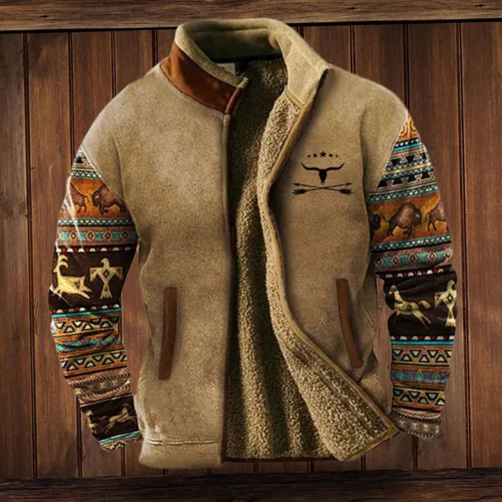 Men's Sherpa-Lined Tribal Print Full-Zip Winter Coat - Brown