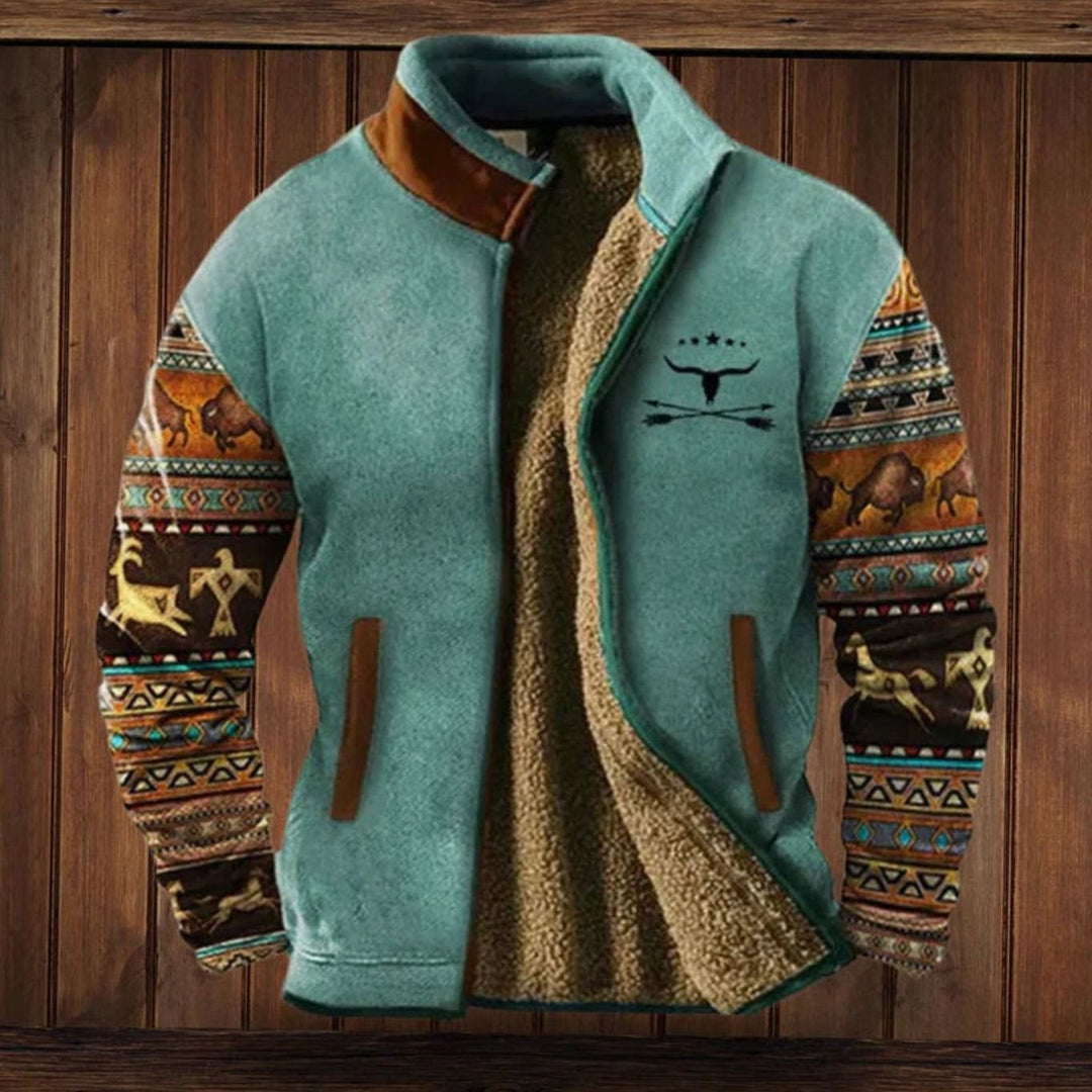 Men's Sherpa-Lined Tribal Print Full-Zip Winter Coat - Blue