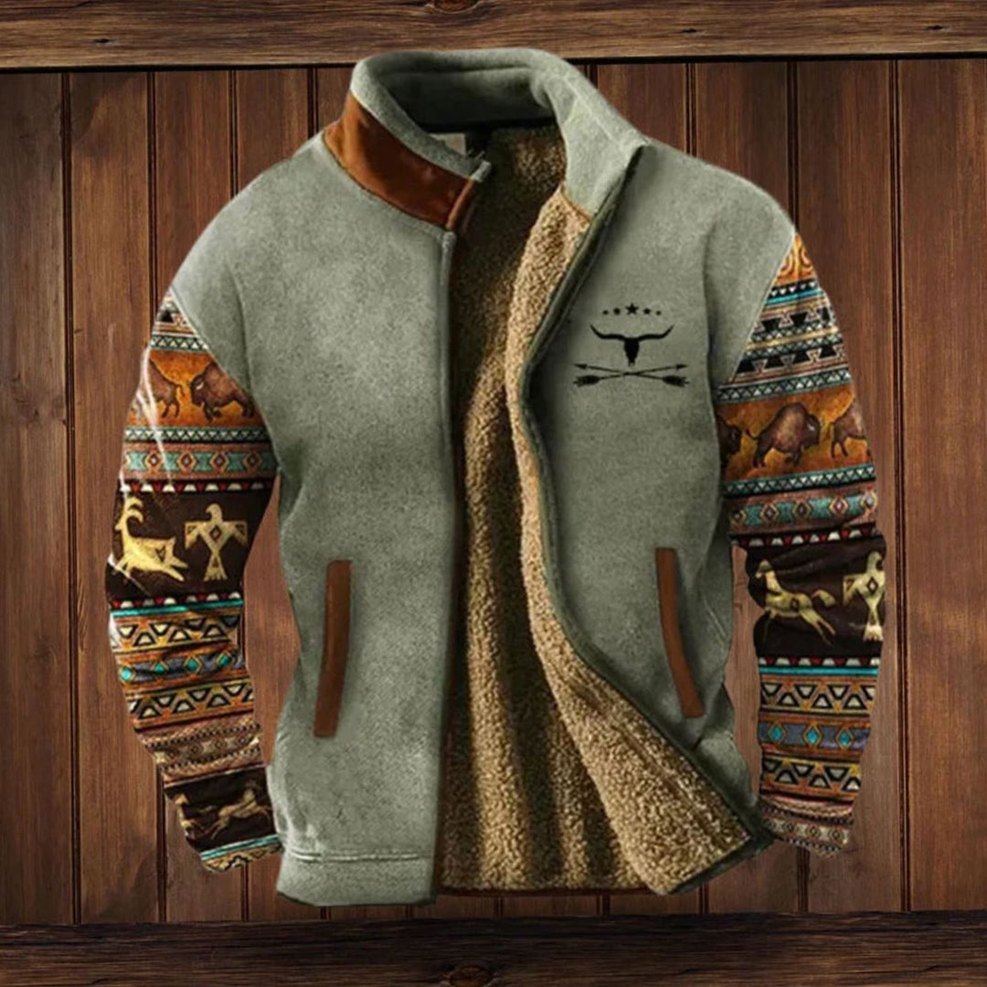 Men's Sherpa-Lined Tribal Print Full-Zip Winter Coat - Gray