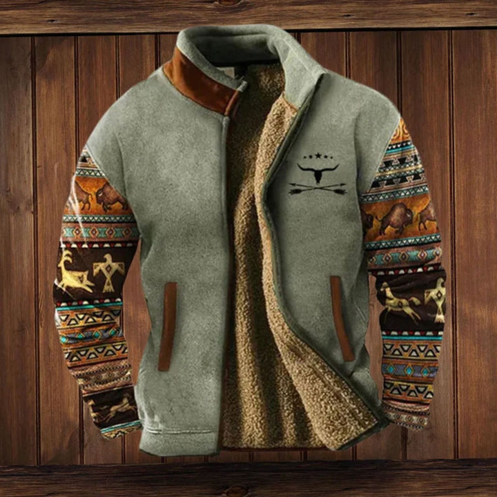Men's Sherpa-Lined Tribal Print Full-Zip Winter Coat - Gray