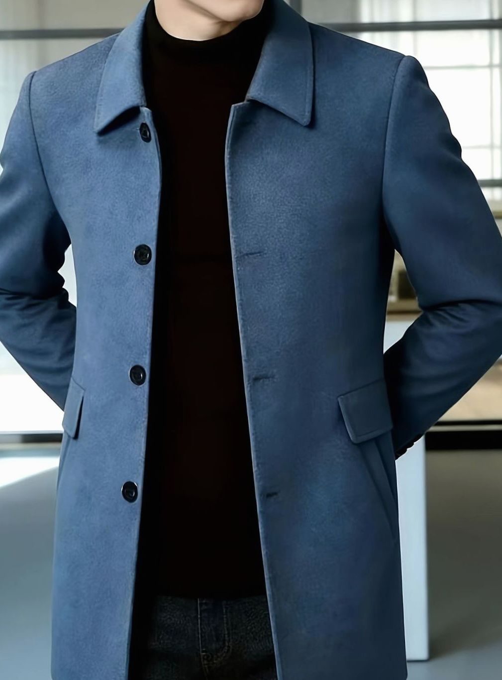 Men's Single-Breasted Wool Overcoat Classic Collar Relaxed Fit