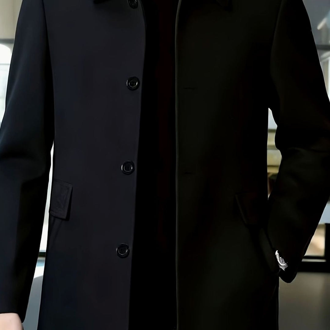 Men's Single-Breasted Wool Overcoat Classic Collar Relaxed Fit - Black