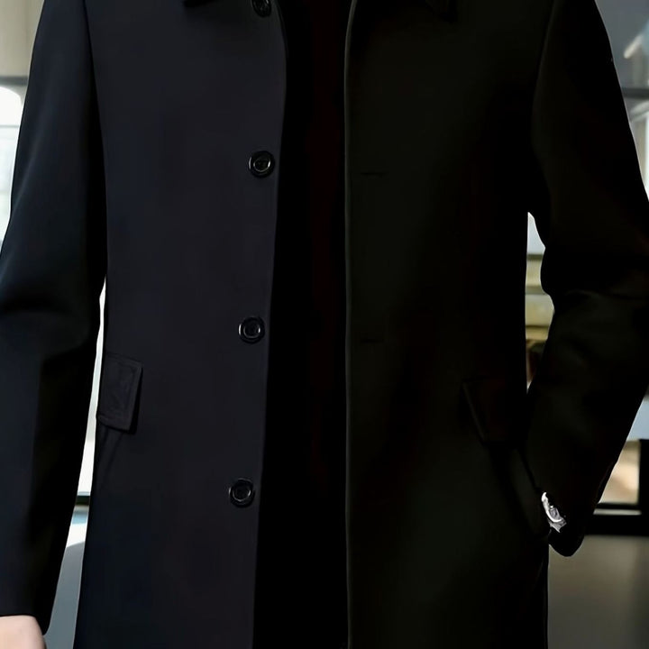Men's Single-Breasted Wool Overcoat Classic Collar Relaxed Fit - Black