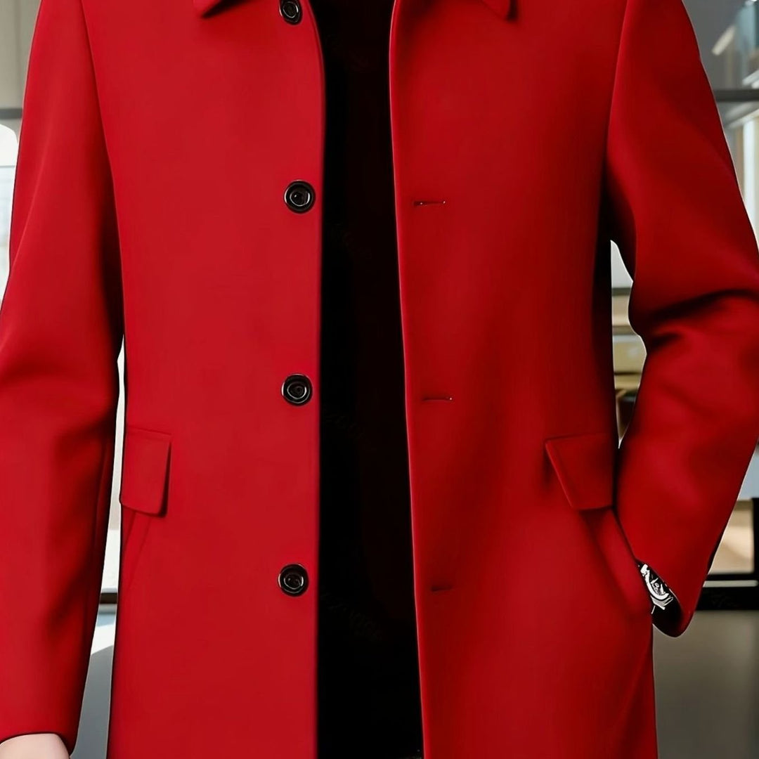 Men's Single-Breasted Wool Overcoat Classic Collar Relaxed Fit - Red