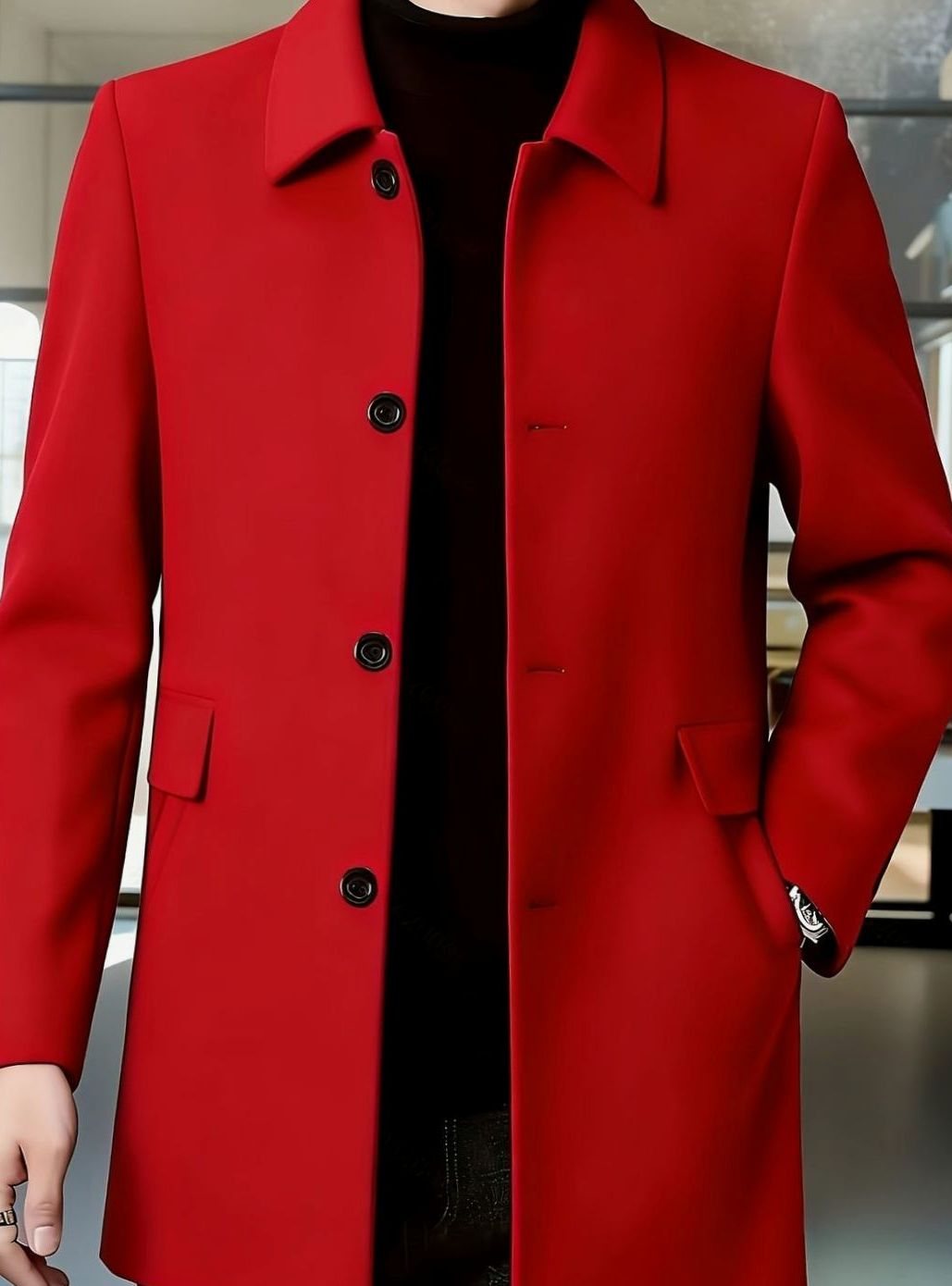 Men's Single-Breasted Wool Overcoat Classic Collar Relaxed Fit