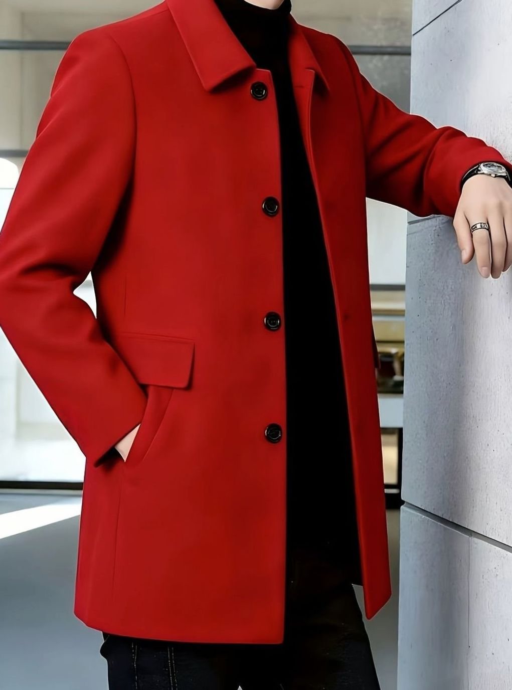 Men's Single-Breasted Wool Overcoat Classic Collar Relaxed Fit