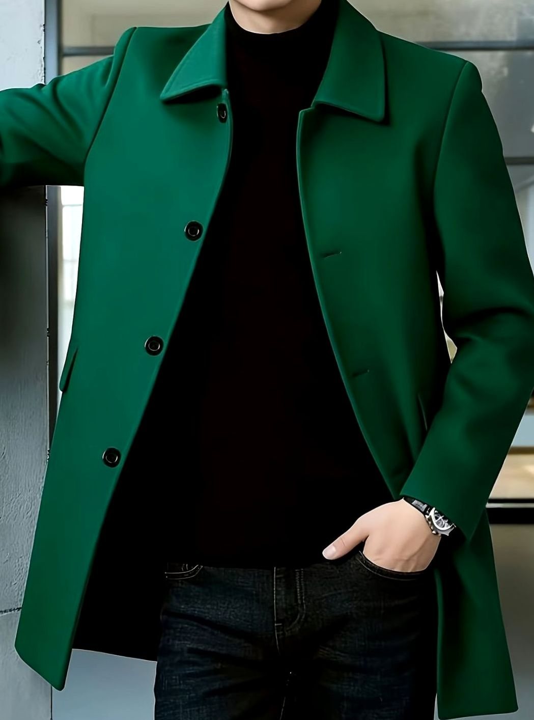 Men's Single-Breasted Wool Overcoat Classic Collar Relaxed Fit