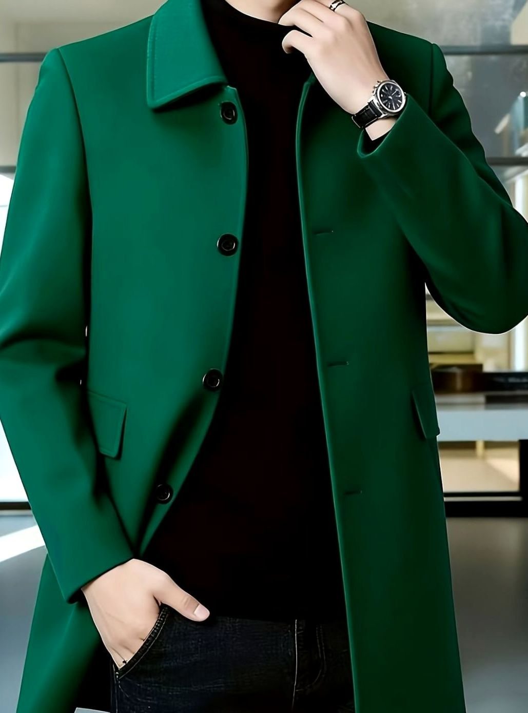 Men's Single-Breasted Wool Overcoat Classic Collar Relaxed Fit