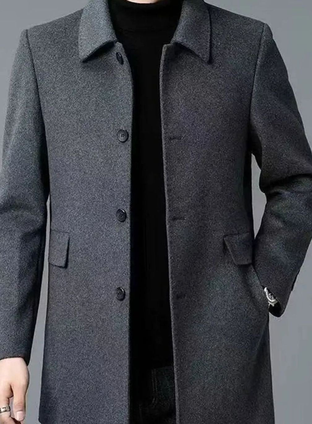 Men's Single-Breasted Wool Overcoat Tailored Turn-Down Collar Coat - Dark Gray