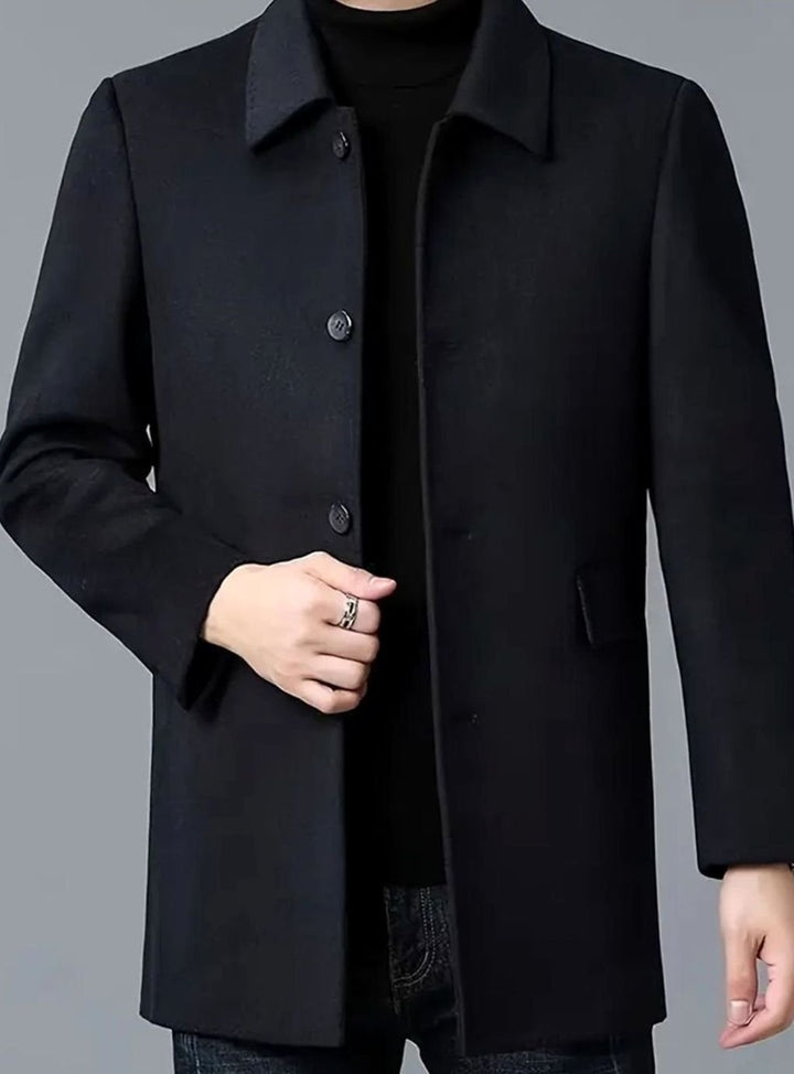 Men's Single-Breasted Wool Overcoat Tailored Turn-Down Collar Coat - Black