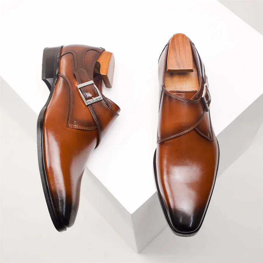 Men's Single Monk Strap Buckle Leather Dress Shoes - Brown