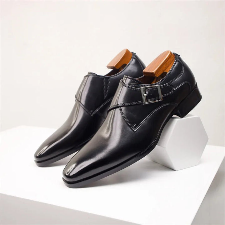 Men's Single Monk Strap Buckle Leather Dress Shoes - Black