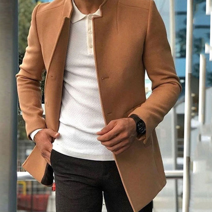 Men's Slim Fit Collarless Long Coat Tailored Overcoat - Khaki