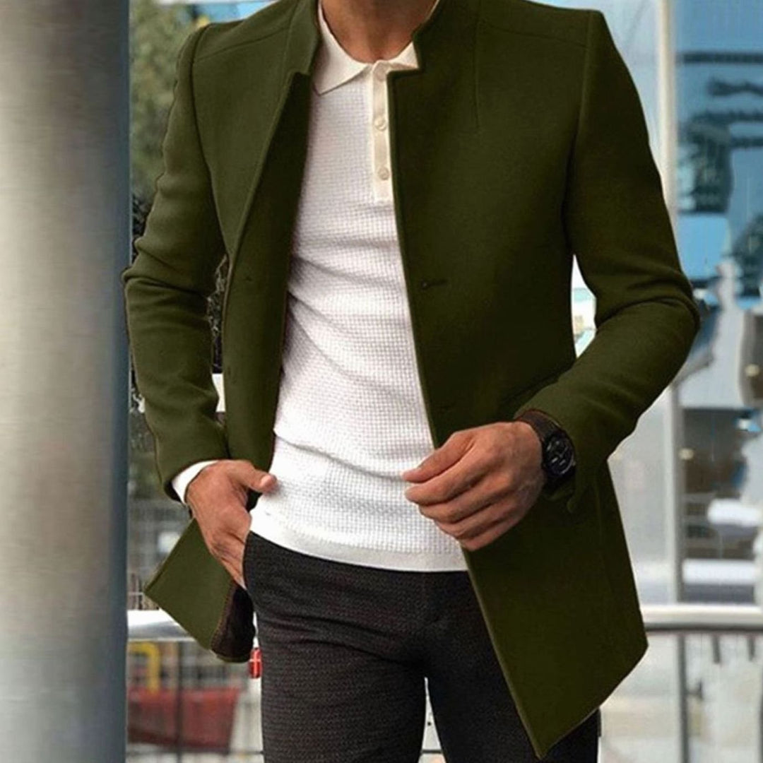 Men's Slim Fit Collarless Long Coat Tailored Overcoat - Army Green