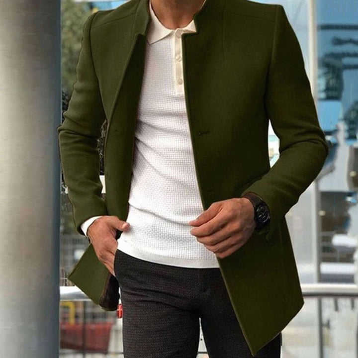 Men's Slim Fit Collarless Long Coat Tailored Overcoat - Army Green