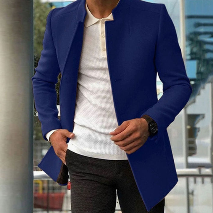 Men's Slim Fit Collarless Long Coat Tailored Overcoat - Blue