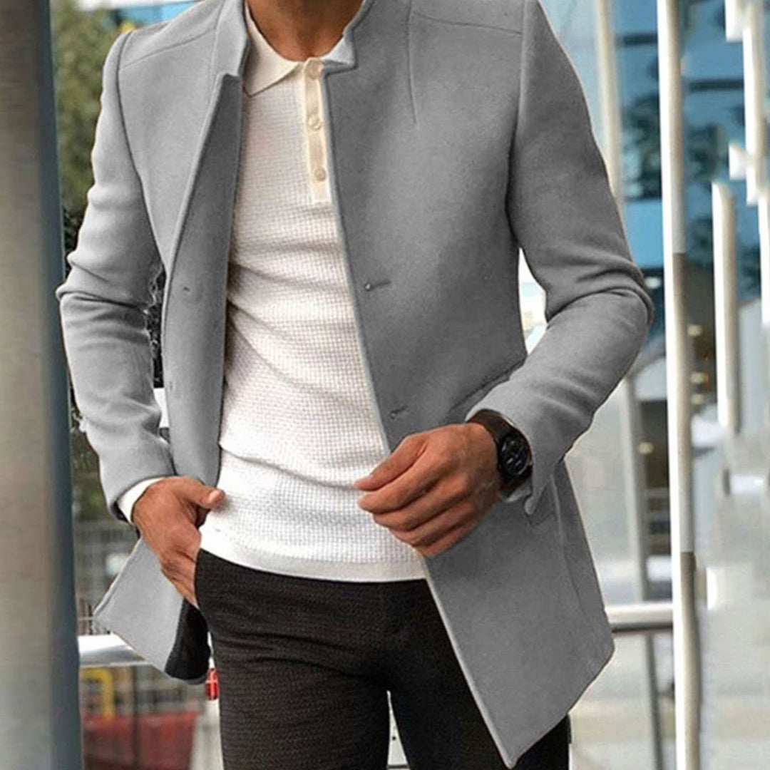 Men's Slim Fit Collarless Long Coat Tailored Overcoat - Grey