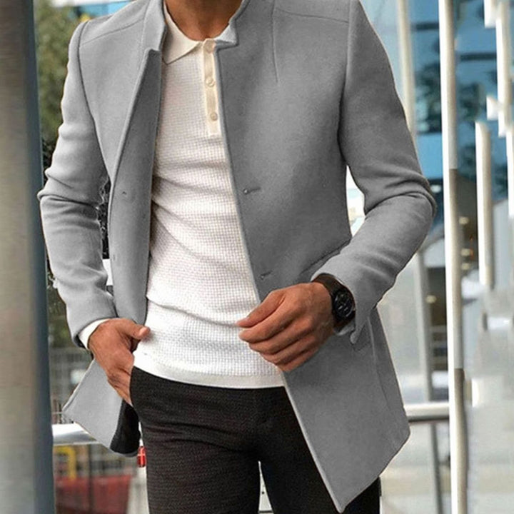 Men's Slim Fit Collarless Long Coat Tailored Overcoat - Grey
