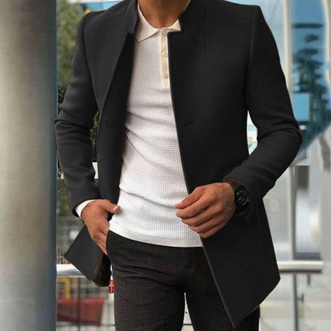 Men's Slim Fit Collarless Long Coat Tailored Overcoat - Black