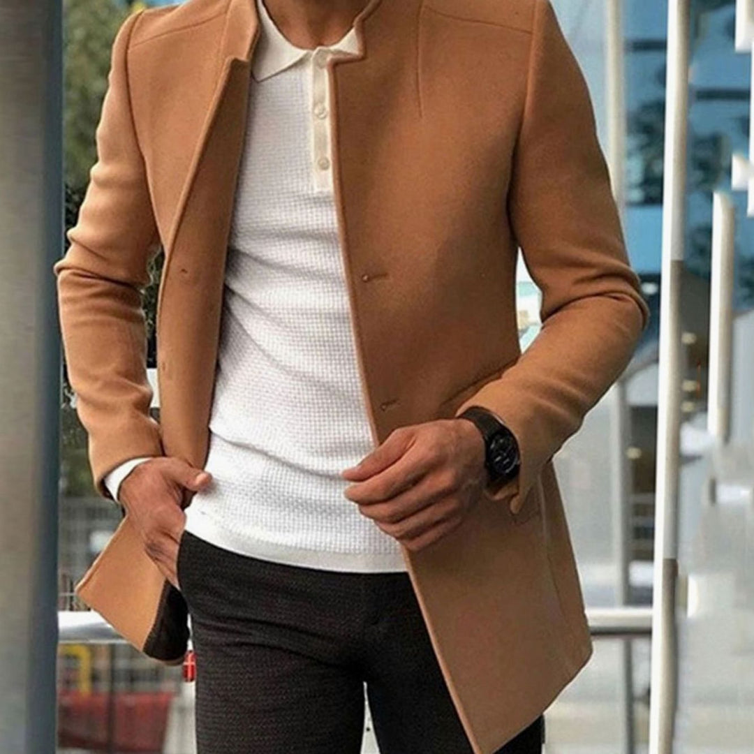 Men's Slim Fit Collarless Long Winter Coat - Khaki