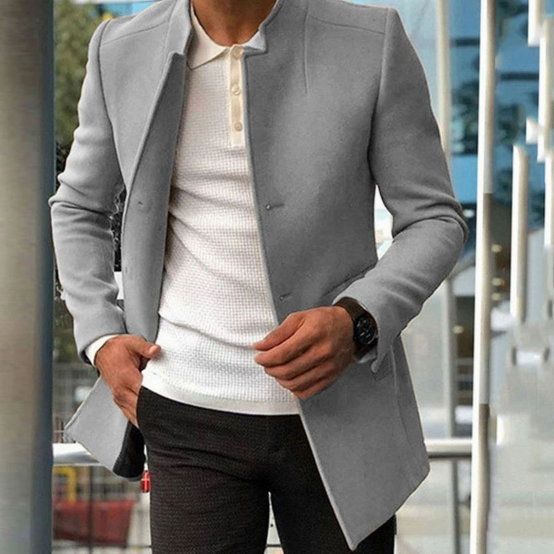 Men's Slim Fit Collarless Long Winter Coat - Grey
