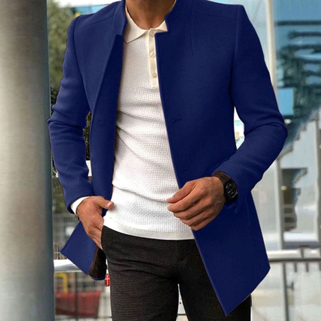 Men's Slim Fit Collarless Long Winter Coat - Blue