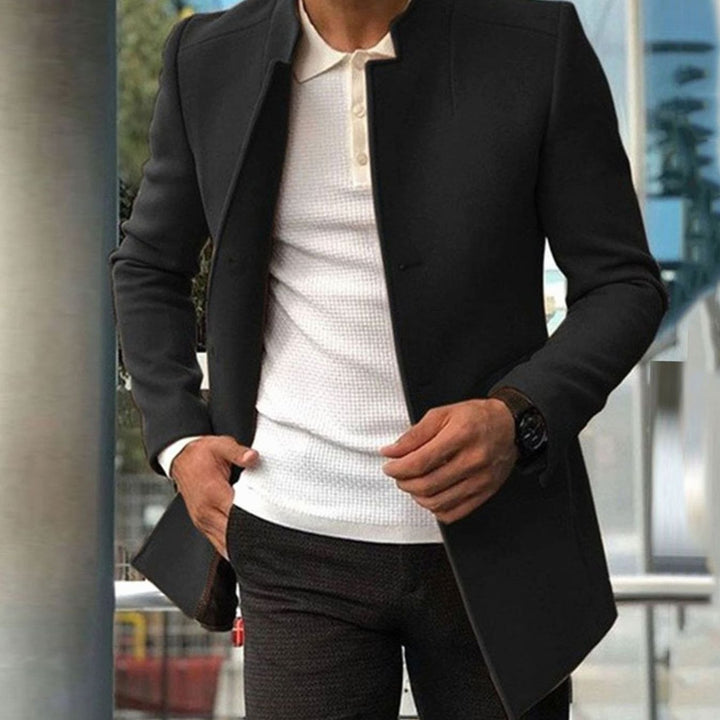 Men's Slim Fit Collarless Long Winter Coat - Black