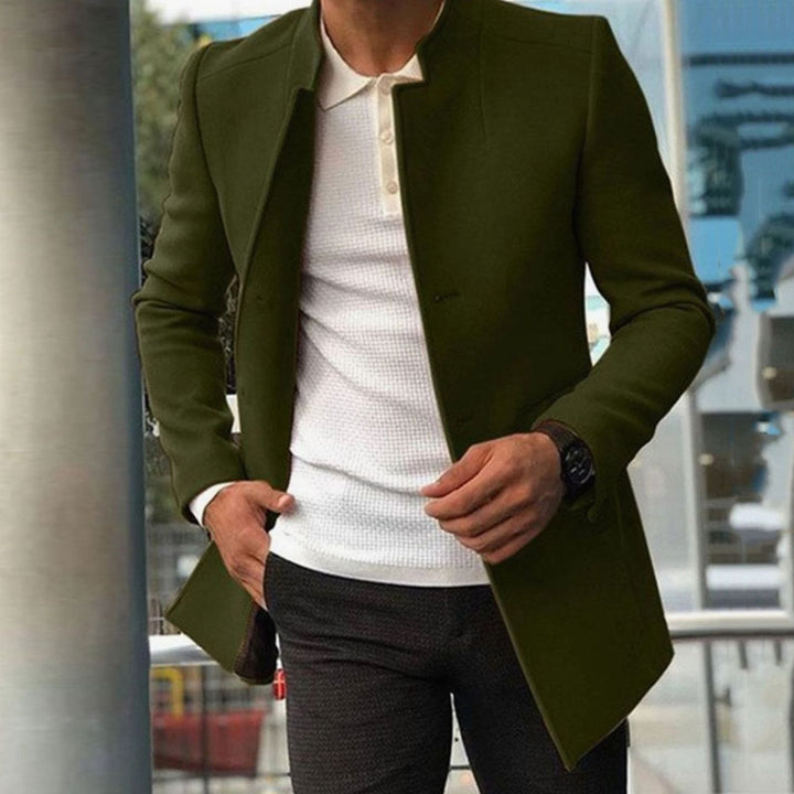 Men's Slim Fit Collarless Long Winter Coat - Green